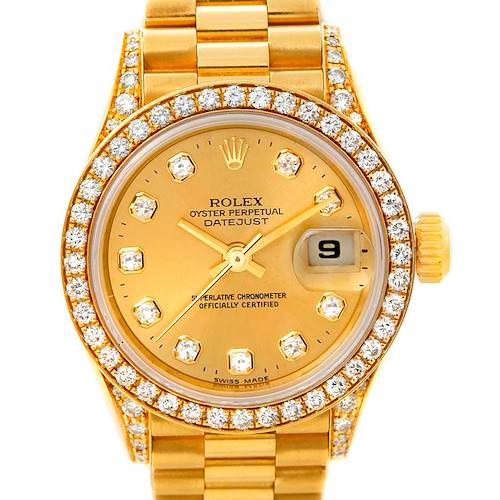 The Rolex President 69158 Women's Yellow Gold Champagne Dial 69158 Women's Yellow Gold Champagne Dial model watch is shown from a top-down angle, highlighting its dial, bezel, bracelet, and crown.