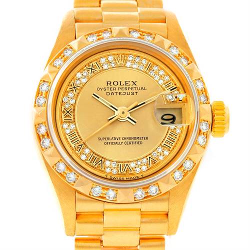 The image shows a front view of a Rolex President 69178 Women's Yellow Gold Champagne Dial 69178 Women's Yellow Gold Champagne Dial model watch, displaying its dial, bezel, crown, and bracelet.