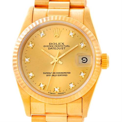 The image shows a front view of a Rolex President 68278 Women's Yellow Gold Champagne Dial 68278 Women's Yellow Gold Champagne Dial model watch, displaying its dial, bezel, and a portion of the bracelet.