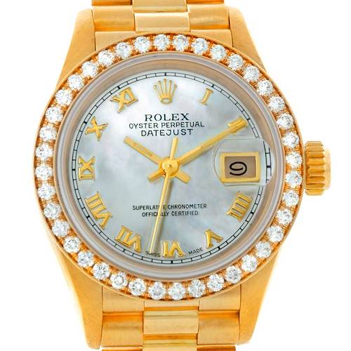 This image shows a front view of the Rolex President 69178 Women's Yellow Gold Mother of Pearl Dial 69178 Women's Yellow Gold Mother of Pearl Dial model watch highlighting the bezel, face, and part of the band.
