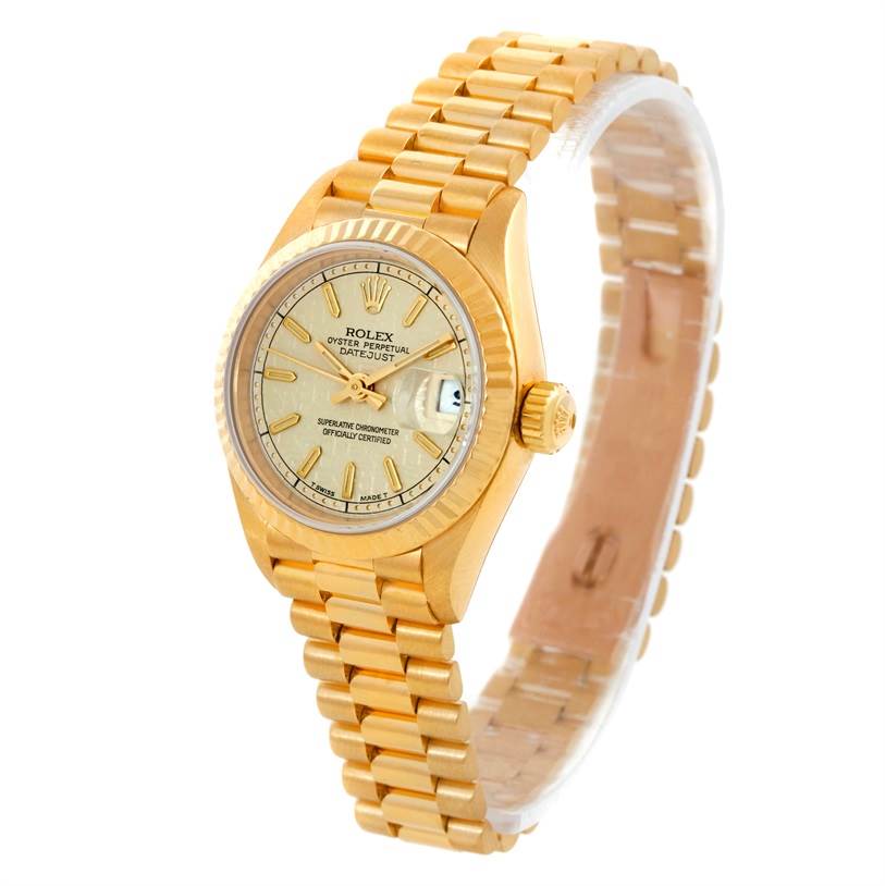 The image shows a Rolex President 69178 Women's Yellow Gold Beige Dial 69178 Women's Yellow Gold Beige Dial model watch, with a gold bracelet, dial, and bezel, angled from the top-right.
