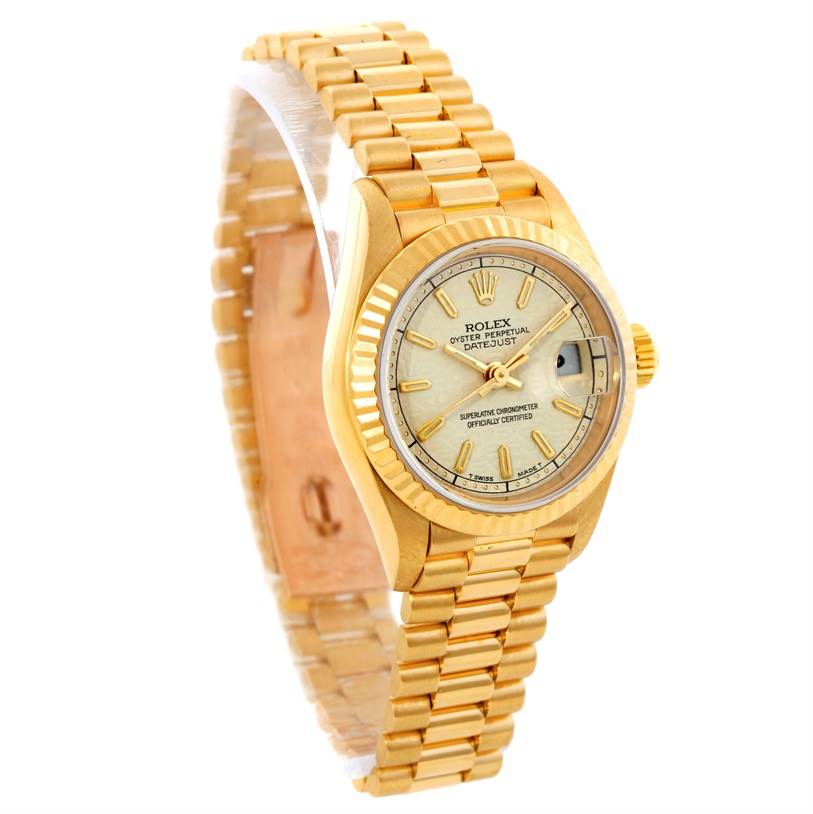 The image shows a Rolex President 69178 Women's Yellow Gold Beige Dial 69178 Women's Yellow Gold Beige Dial model watch angled to display its face, bezel, and bracelet.