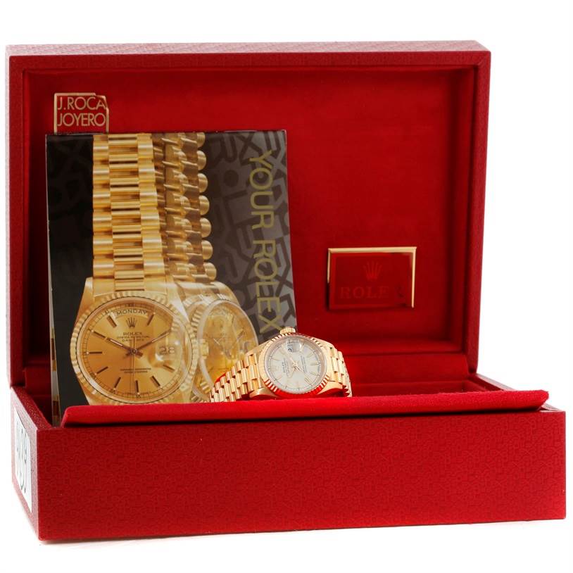 This image shows a Rolex President 69178 Women's Yellow Gold Beige Dial 69178 Women's Yellow Gold Beige Dial model watch angled slightly to the right, displayed in its red box with accompanying documentation.