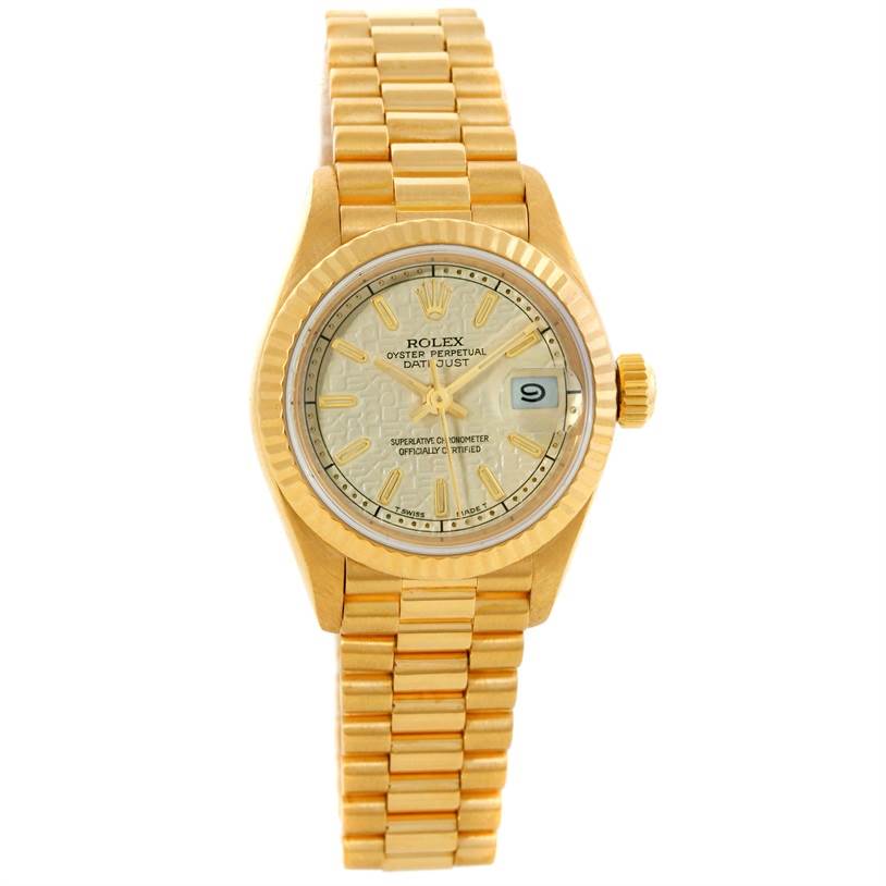 The image shows the front view of a Rolex President 69178 Women's Yellow Gold Beige Dial 69178 Women's Yellow Gold Beige Dial model watch, featuring its dial, bezel, and bracelet.