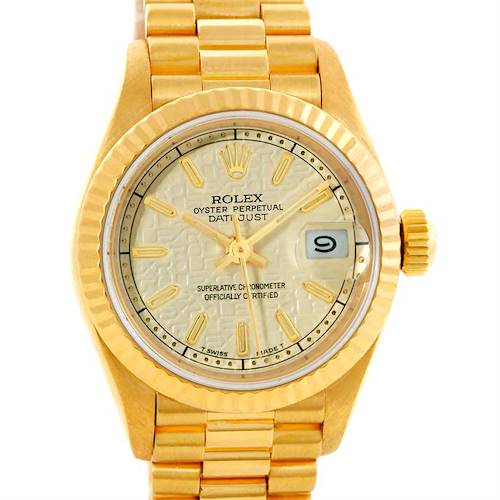 The image shows a front view of a Rolex President 69178 Women's Yellow Gold Beige Dial 69178 Women's Yellow Gold Beige Dial model watch, revealing its dial, hands, bracelet, and date window.