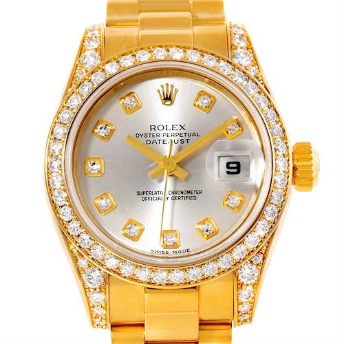 The image shows a close-up of the face and bezel of a Rolex President 179298 Women's Yellow Gold Silver Dial 179298 Women's Yellow Gold Silver Dial Datejust watch, featuring a gold case and diamond accents.