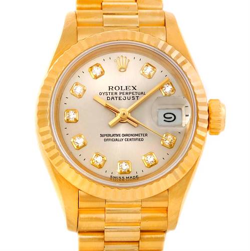 The image shows a frontal view of a Rolex President 69178 Women's Yellow Gold Silver Dial 69178 Women's Yellow Gold Silver Dial model watch with a gold band and diamond indices.