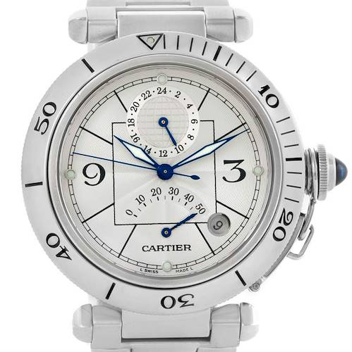 The image shows a head-on view of the Cartier Pasha W31037H3 Men's Stainless Steel Silver Dial W31037H3 Men's Stainless Steel Silver Dial watch, highlighting its face, bezel, and part of the bracelet.