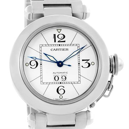 This image shows a frontal view of the Cartier Pasha W31055M7 Men's Stainless Steel White Dial W31055M7 Men's Stainless Steel White Dial watch, featuring its dial and part of the metal bracelet.