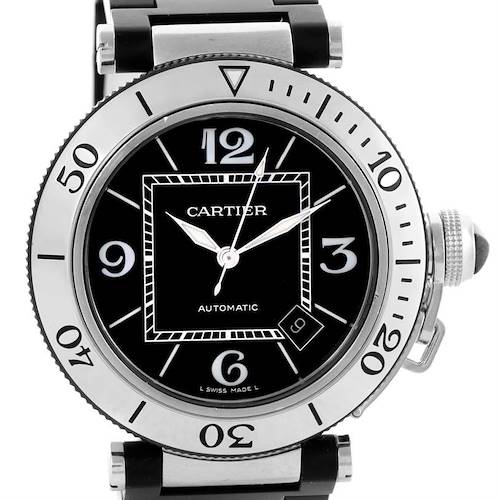 The image shows a front view of the Cartier Pasha W31077U2 Men's Stainless Steel Black Dial W31077U2 Men's Stainless Steel Black Dial model watch, highlighting the face, bezel, and part of the bracelet.