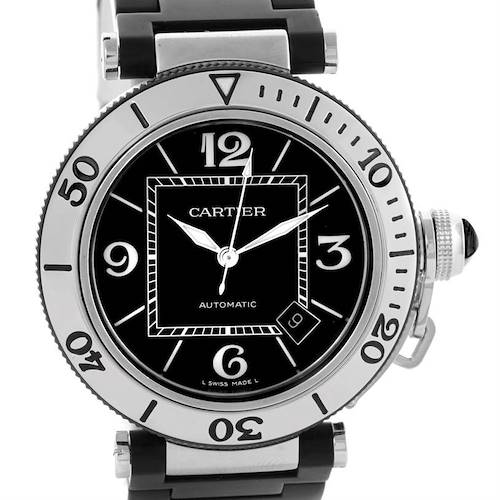 This is a straight-on view of the Cartier Pasha W31077U2 Men's Stainless Steel Black Dial W31077U2 Men's Stainless Steel Black Dial watch, showing its face, bezel, and part of the bracelet.