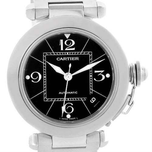 The image shows a front view of a Cartier Pasha W31076M7 Stainless Steel Black Dial W31076M7 Stainless Steel Black Dial watch, highlighting the dial, hands, and crown.