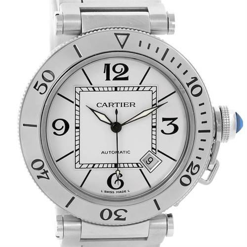 This is a front view of a Cartier Pasha W31080M7 Men's Stainless Steel Silver Dial W31080M7 Men's Stainless Steel Silver Dial watch, showcasing its white dial, numerals, and bezel.