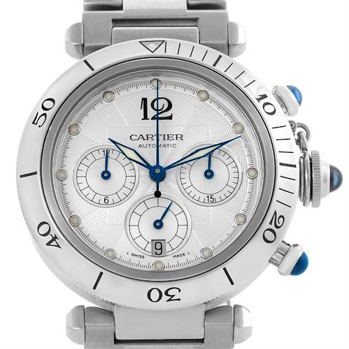 The Pasha model by Cartier is shown from a front angle, displaying the face, dials, and bracelet.