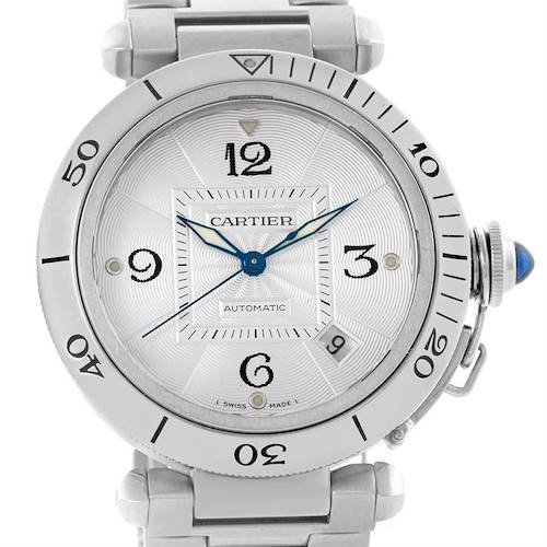 This image shows a front view of the dial and part of the bracelet of the Cartier Pasha W3103155 Men's Stainless Steel Silver Dial W3103155 Men's Stainless Steel Silver Dial model watch.
