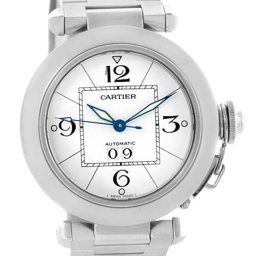 The image shows the dial, crown, and part of the strap of the Cartier Pasha W31055M7 Men's Stainless Steel White Dial W31055M7 Men's Stainless Steel White Dial watch from a front angle.