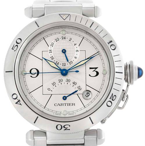 This image shows a close-up, front view of the Cartier Pasha W31037H3 Men's Stainless Steel Silver Dial W31037H3 Men's Stainless Steel Silver Dial watch, displaying the face, bezel, and crown with a blue cabochon.
