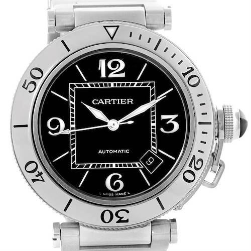 The image shows a Cartier Pasha W31077M7 Men's Stainless Steel Black Dial W31077M7 Men's Stainless Steel Black Dial watch at a straight-on angle, highlighting its face, bezel, and part of the bracelet.