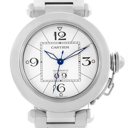 This image shows a front view of the Cartier Pasha W31055M7 Men's Stainless Steel White Dial W31055M7 Men's Stainless Steel White Dial watch face and crown.