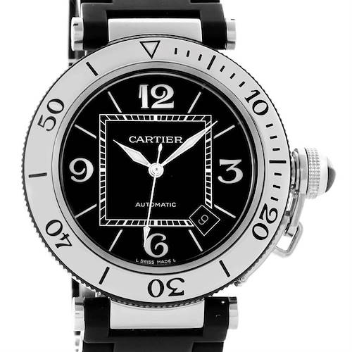 The image shows a frontal view of a Cartier Pasha W31077U2 Men's Stainless Steel Black Dial W31077U2 Men's Stainless Steel Black Dial watch, highlighting the black dial, numerals, hands, and bezel.