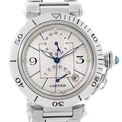 The image shows a Cartier Pasha W31037H3 Men's Stainless Steel Silver Dial W31037H3 Men's Stainless Steel Silver Dial watch front view with its stainless steel bracelet and distinctive blue cabochon crown.