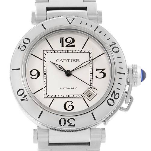 This image shows a front view of the Cartier Pasha W31080M7 Men's Stainless Steel Silver Dial W31080M7 Men's Stainless Steel Silver Dial model watch, displaying its dial, bezel, and part of the bracelet.