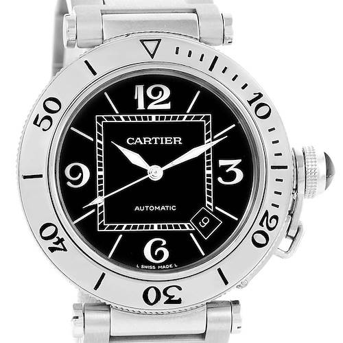The image shows a frontal view of the Cartier Pasha W31077M7 Men's Stainless Steel Black Dial W31077M7 Men's Stainless Steel Black Dial watch, highlighting its dial, bezel, crown, and part of its bracelet.