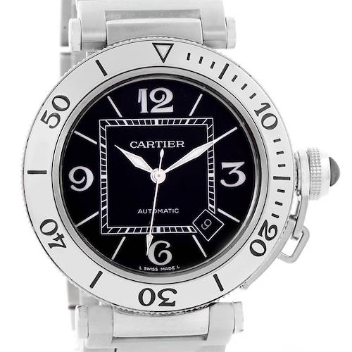 This image shows a frontal view of the Cartier Pasha W31077M7 Men's Stainless Steel Black Dial W31077M7 Men's Stainless Steel Black Dial watch, highlighting its face, bezel, and part of the bracelet.