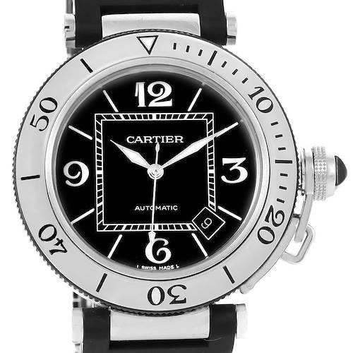 The picture shows a front view of a Cartier Pasha W31077U2 Men's Stainless Steel Black Dial W31077U2 Men's Stainless Steel Black Dial watch, displaying the dial, bezel, and crown with crown protector.