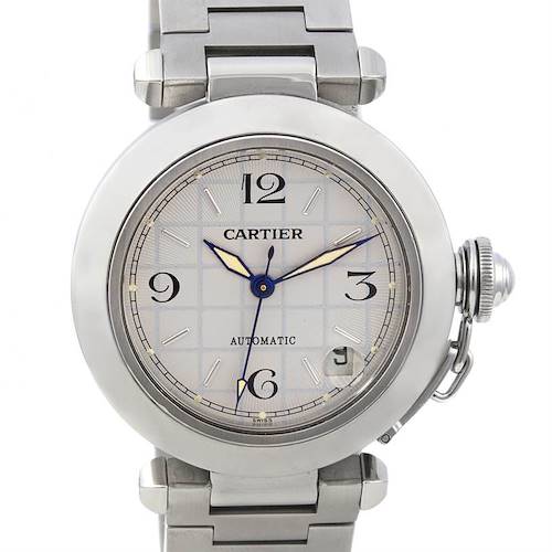 Front view of the Cartier Pasha W31023M7 Women's Stainless Steel Silver Dial W31023M7 Women's Stainless Steel Silver Dial watch showing the dial, hands, crown, and part of the metal bracelet.