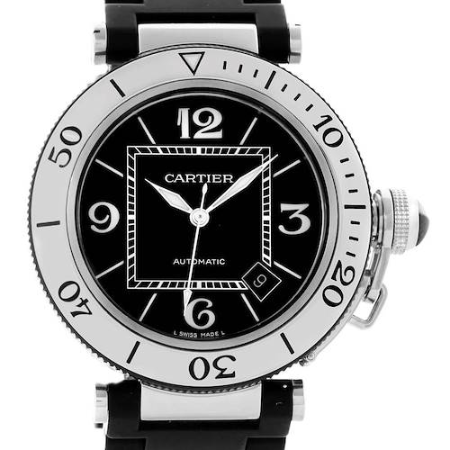 This image shows a front view of the Cartier Pasha W31077U2 Men's Stainless Steel Black Dial W31077U2 Men's Stainless Steel Black Dial watch, highlighting its dial, bezel, and crown guard.