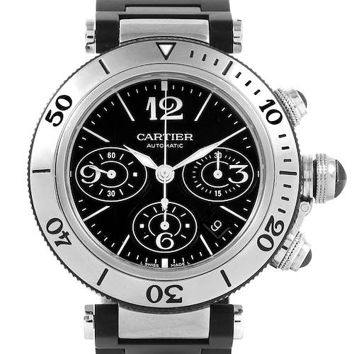 The Cartier Pasha W31088U2 Men's Stainless Steel Black Dial W31088U2 Men's Stainless Steel Black Dial watch is shown from the front, displaying the dial, bezel, and crown.