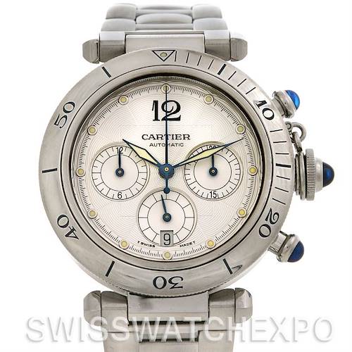 This image shows a front angle of a Cartier Pasha W31030H3 Women's Stainless Steel Silver Dial W31030H3 Women's Stainless Steel Silver Dial model watch, highlighting its face, bezel, and part of the bracelet.