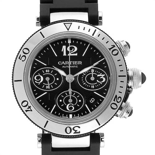The image shows a frontal view of a Cartier Pasha W31088U2 Men's Stainless Steel Black Dial W31088U2 Men's Stainless Steel Black Dial Automatic watch, displaying its bezel, dial, and chronograph subdials.