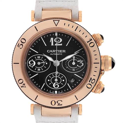 This image shows a front view of a Cartier Pasha W3030018 Men's Rose Gold Black Dial W3030018 Men's Rose Gold Black Dial model watch, featuring its face, bezel, and part of the strap.