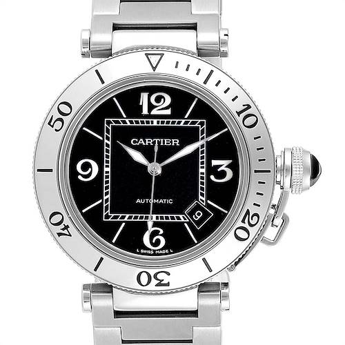 The image shows the front view of the Cartier Pasha W31077M7 Men's Stainless Steel Black Dial W31077M7 Men's Stainless Steel Black Dial watch, featuring its face, bezel, crown, and part of the bracelet.