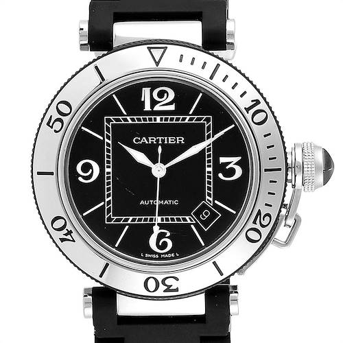 This Cartier Pasha W31077U2 Men's Stainless Steel Black Dial W31077U2 Men's Stainless Steel Black Dial watch is shown from a front angle, displaying the dial, case, crown, and part of the strap.