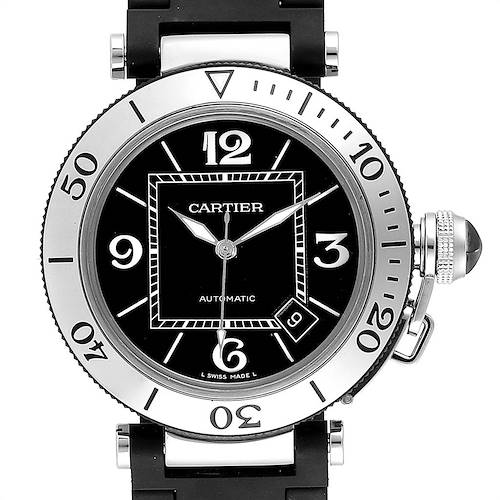 The image shows a front view of the Cartier Pasha W31077U2 Men's Stainless Steel Black Dial W31077U2 Men's Stainless Steel Black Dial watch, highlighting the face, bezel, crown, and part of the strap.