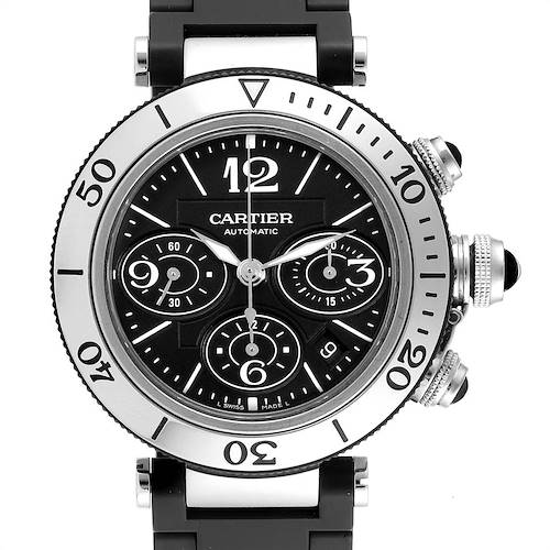 The Cartier Pasha W31088U2 Men's Stainless Steel Black Dial W31088U2 Men's Stainless Steel Black Dial watch is shown from a front angle, displaying the dial, bezel, pushers, and part of the strap.