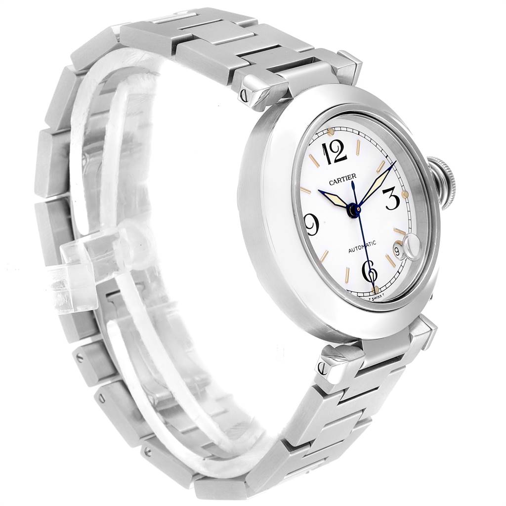 The image shows a side angle of the Cartier Pasha W31044M7 Stainless Steel White Dial W31044M7 Stainless Steel White Dial watch, highlighting the face, bezel, bracelet, and crown.