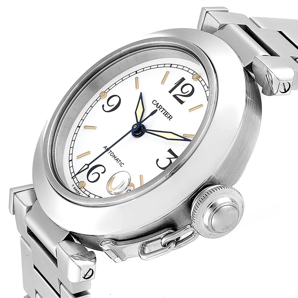 This image shows a Cartier Pasha W31044M7 Stainless Steel White Dial W31044M7 Stainless Steel White Dial watch angled to display the face, crown, and part of the bracelet.