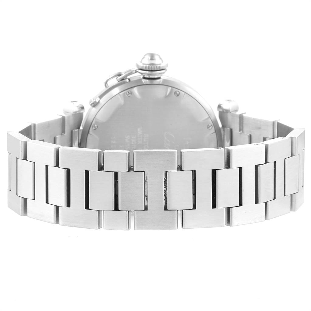 The image shows the back of a Cartier Pasha W31044M7 Stainless Steel White Dial W31044M7 Stainless Steel White Dial watch, focusing on its metallic bracelet and case.
