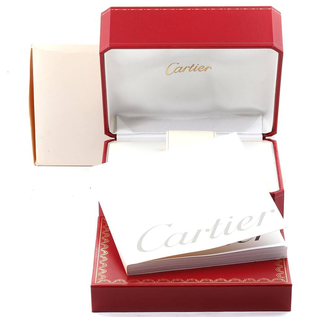 The image shows an open box and documents for a Cartier Pasha W31044M7 Stainless Steel White Dial W31044M7 Stainless Steel White Dial model watch.