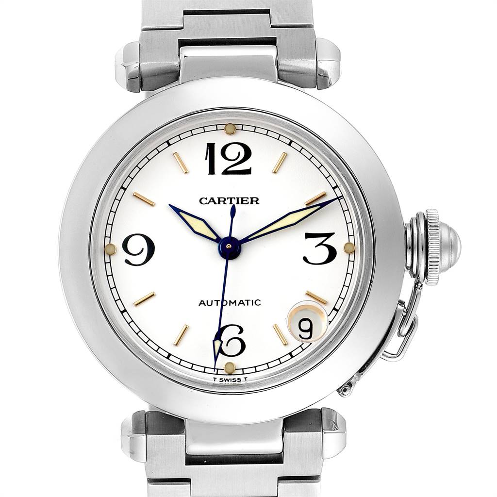 This image shows the front view of a Cartier Pasha W31044M7 Stainless Steel White Dial W31044M7 Stainless Steel White Dial model watch, highlighting the dial, hands, and part of the bracelet.