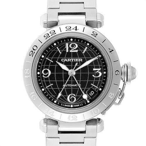 This image shows a front view of the dial and metal bracelet of the Cartier Pasha W31049M7 Men's Stainless Steel Black Dial W31049M7 Men's Stainless Steel Black Dial model watch.