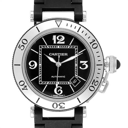 This image shows a front view of a Cartier Pasha W31077U2 Men's Stainless Steel Black Dial W31077U2 Men's Stainless Steel Black Dial watch with its dial, bezel, and crown clearly visible.