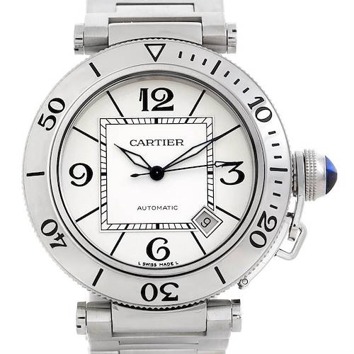 This image shows the face of a Cartier Pasha W31080M7 Men's Stainless Steel Silver Dial W31080M7 Men's Stainless Steel Silver Dial model watch with its stainless steel bezel, crown, and bracelet.