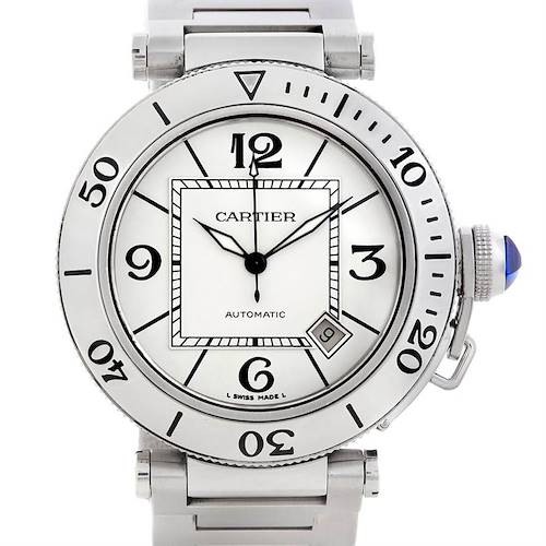 This image shows a front view of a Cartier Pasha W31080M7 Men's Stainless Steel Silver Dial W31080M7 Men's Stainless Steel Silver Dial watch, highlighting the dial, bezel, and crown with a blue cabochon.