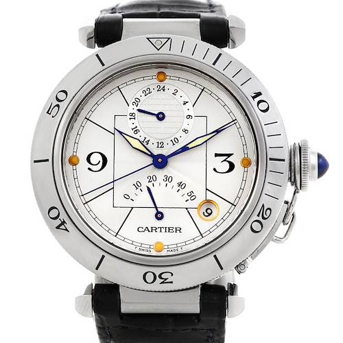 The image shows a front view of the Cartier Pasha W31037H3 Men's Stainless Steel Silver Dial W31037H3 Men's Stainless Steel Silver Dial watch, displaying the face, bezel, crown, and strap.