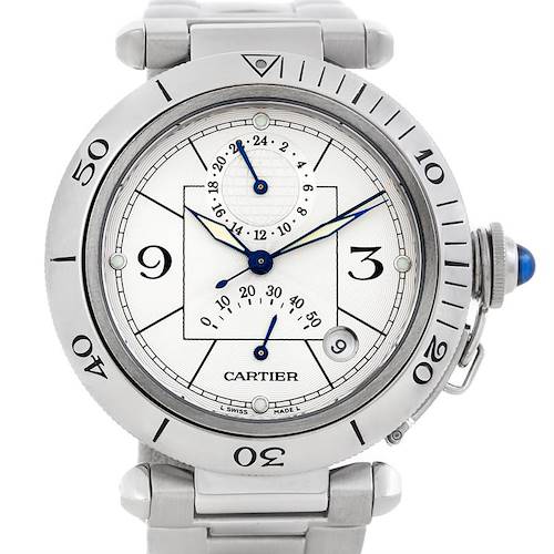 The image shows a front view of a Cartier Pasha W31037H3 Men's Stainless Steel Silver Dial W31037H3 Men's Stainless Steel Silver Dial watch, highlighting its face, bezel, and part of the bracelet.